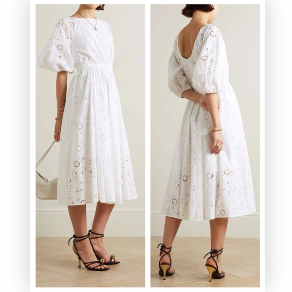 Carolina Herrera Pleated Broderie Anglaise Cotton Midi Dress $1890 Best Seller